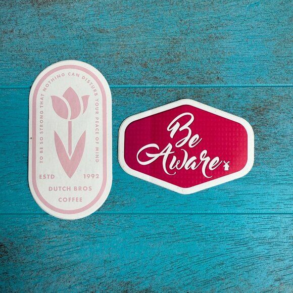 DUTCH Bros Set of 2 Stickers Pink Tulip 2018 & Be Aware Breast Cancer 2016 RARE - Picture 1 of 4